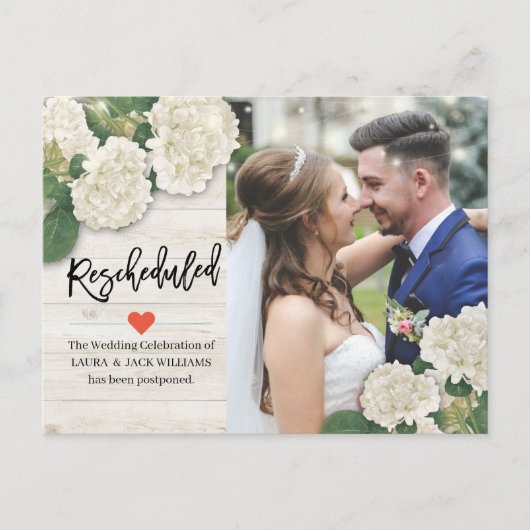 Hochzeitaufschub Rescheduled Hydrangeas Foto Ankündigungspostkarte (Vorderseite)