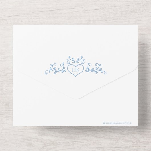 Hochzeitblatt-Art-Herz-Monogramm All In One Einladung (Rückseite)