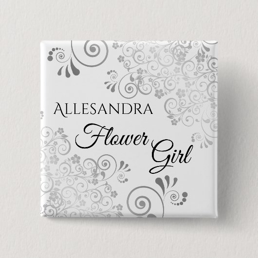 Hochzeitblume Mädchen Name Tag Lacy Silver Filigre Button (Vorderseite)