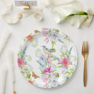 Hochzeitblumen Lilien und Vögel Wasserfarbe Pappteller
