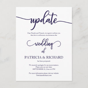 Hochzeitdatum verschoben Navy Blue Script Postkarte