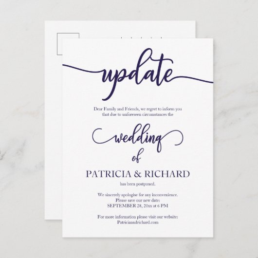 Hochzeitdatum verschoben Navy Blue Script Postkarte (Vorne/Hinten)