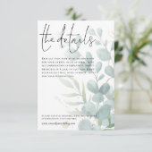 Hochzeitdetails Blaues Eukalyptus-Skript Begleitkarte (Stehend Vorderseite)