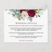 Hochzeitdetails Burgundy Floral Insert Card Postkarte (Vorderseite)