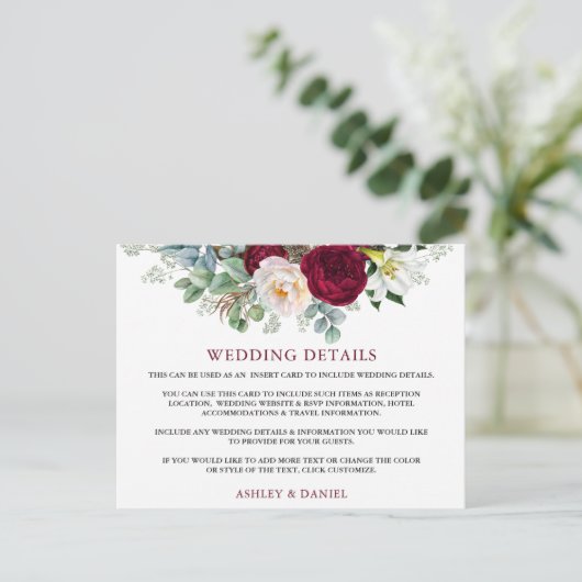 Hochzeitdetails Burgundy Floral Insert Card Postkarte (Stehend Vorderseite)