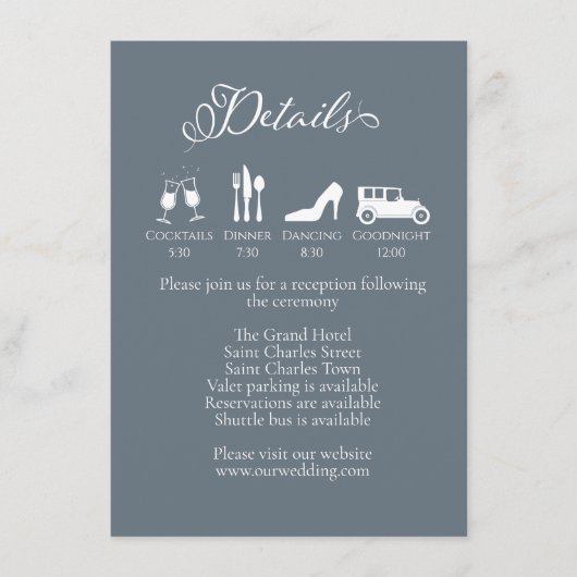 Hochzeitdetails Dusty Blue Wedding Timeline Begleitkarte (Vorderseite)