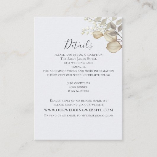 Hochzeitdetails Elegante Website Dusty Blue Begleitkarte (Vorderseite)