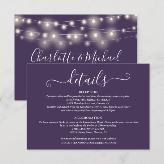 Hochzeitdetails Frühjahrslichtschrift Lila Begleitkarte (Vorne/Hinten)