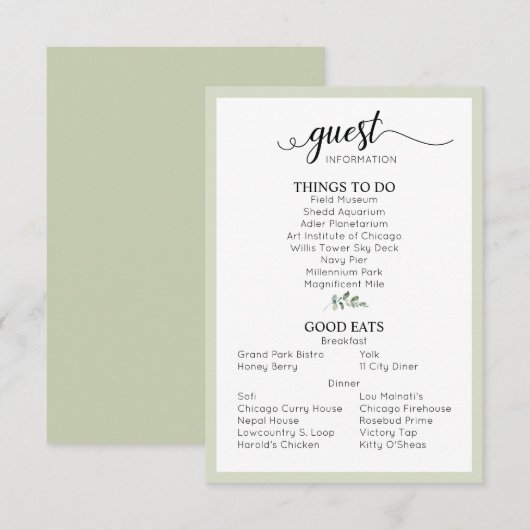 Hochzeitdetails Gastinformation Seite Grün Begleitkarte (Vorne/Hinten)