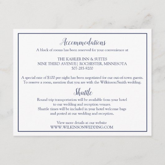 Hochzeitdetails / Info-Karte Elegant Navy Blue Begleitkarte (Rückseite)