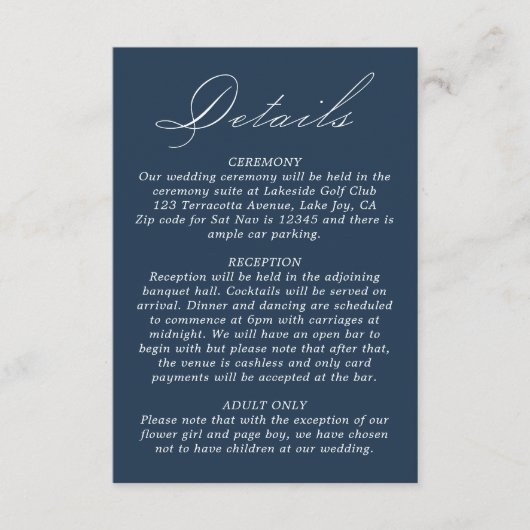 Hochzeitdetails Kalligrafie Script Navy Blue Begleitkarte (Vorderseite)