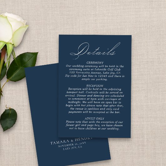 Hochzeitdetails Kalligrafie Script Navy Blue Begleitkarte
