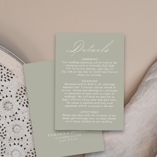 Hochzeitdetails Kalligrafie Script-Seite Grün Begleitkarte