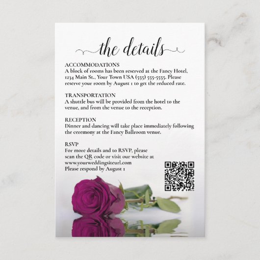 Hochzeitdetails Magenta Himbeere Rose QR Code Begleitkarte (Vorderseite)