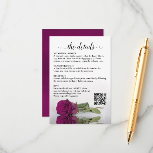 Hochzeitdetails Magenta Himbeere Rose QR Code Begleitkarte (Vorderseite/Rückseite Beispiel)