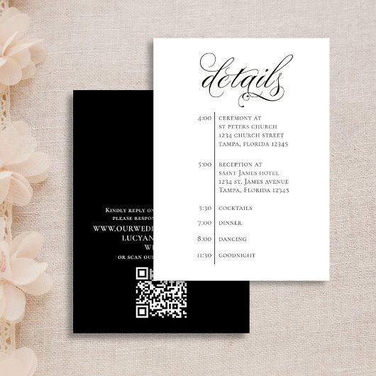 Hochzeitdetails QR Code Schwarz und Weiß Zeitleist Begleitkarte