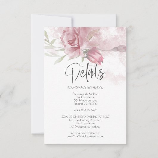 Hochzeitdetails Rosa Aquarellfarben Rose Einladung (Vorderseite)
