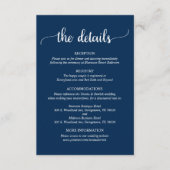 Hochzeitdetails, rustikales blaues Skript der Mari Begleitkarte (Vorderseite)