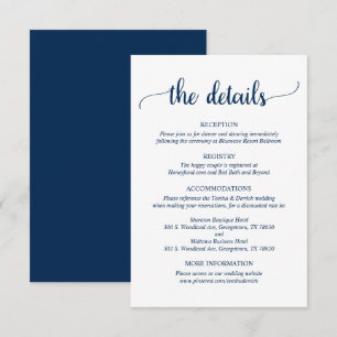 Hochzeitdetails, rustikales blaues Skript der Mari Begleitkarte