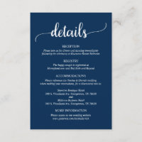 Hochzeitdetails, rustikales blaues Skript der Mari