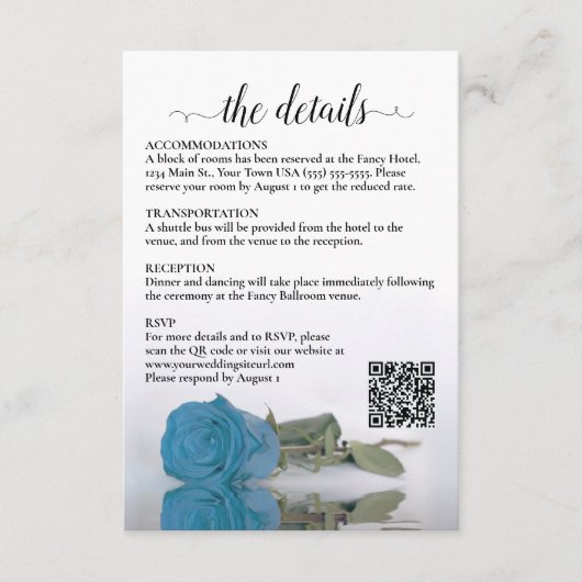 Hochzeitdetails Türkisblau Rose QR Code Encl Begleitkarte (Vorderseite)