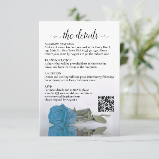 Hochzeitdetails Türkisblau Rose QR Code Encl Begleitkarte (Stehend Vorderseite)