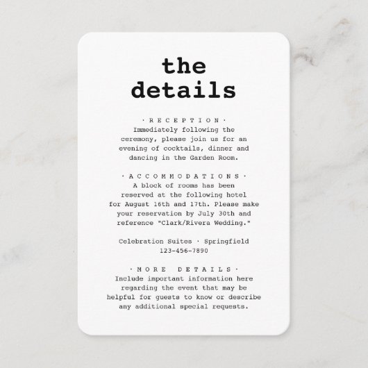 Hochzeitdetails ・ Typografie von Foto und Schreibm Begleitkarte (Vorderseite)