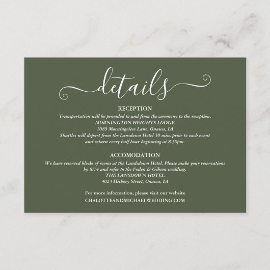 Hochzeitdetails Unterschrift Skript Olive Green Begleitkarte (Vorderseite)