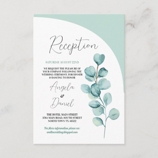 Hochzeitempfang Eukalyptus-Blätter Minze Grün Begleitkarte (Vorderseite)