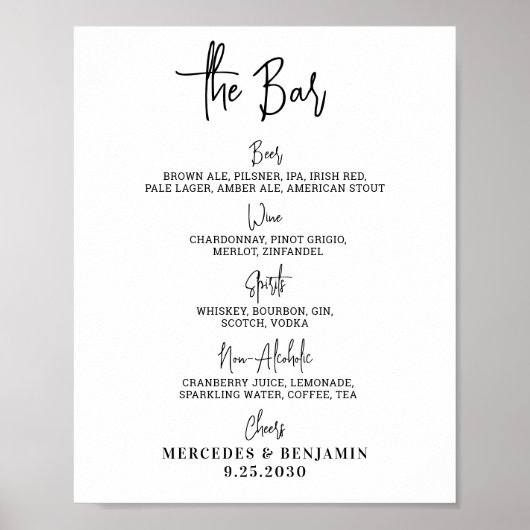 Hochzeiten Bar Drink Menü Personalisierte Kalligra Poster (Vorne)