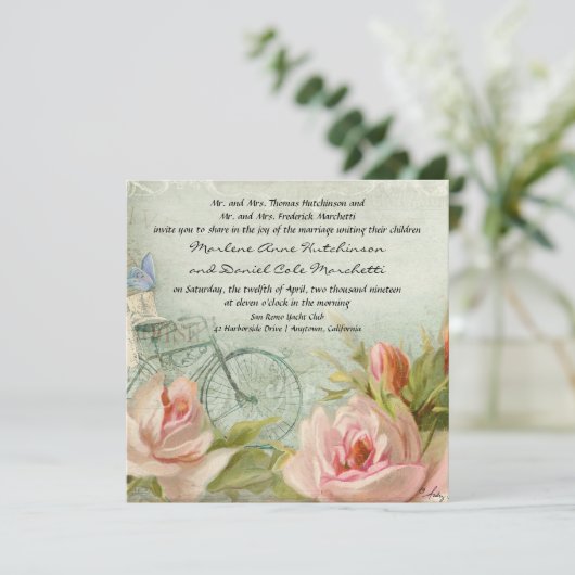 Hochzeiten Hipster Fahrrad Rose Rustikale Holz Hüt Einladung (Stehend Vorderseite)