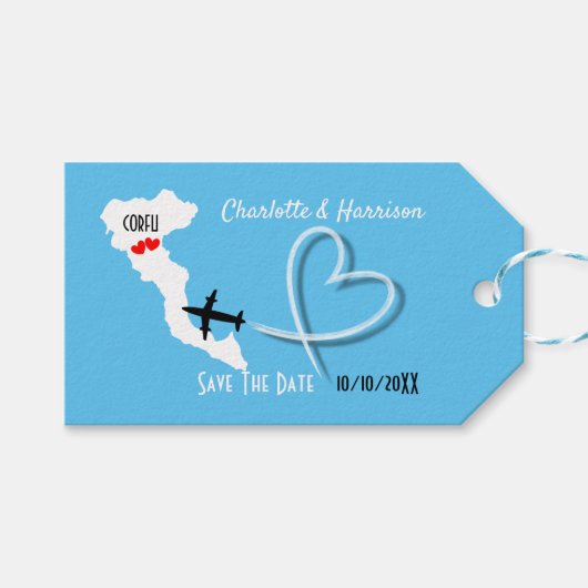 Hochzeiten im Ausland Zielort Korfu Save the Date Geschenkanhänger (Vorderseite (Horizontal))