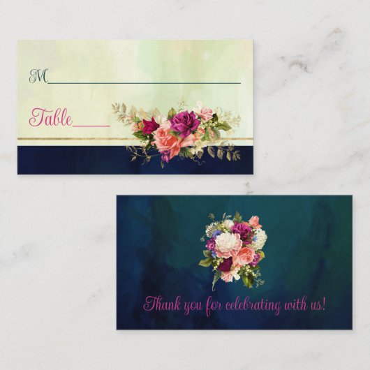 Hochzeiten in aquamarin, Navy, Green, Gold Florals Platzkarte (Vorne/Hinten)