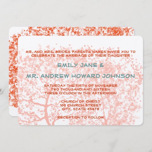 Hochzeiten in Orange und Aqua Tree Personalisiert Einladung (Vorne/Hinten)