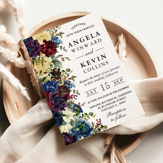 Hochzeiten in Rot und Navy-Winter-Blume Einladung