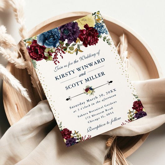 Hochzeiten in Rot und Navy-Winter-Blume Einladung