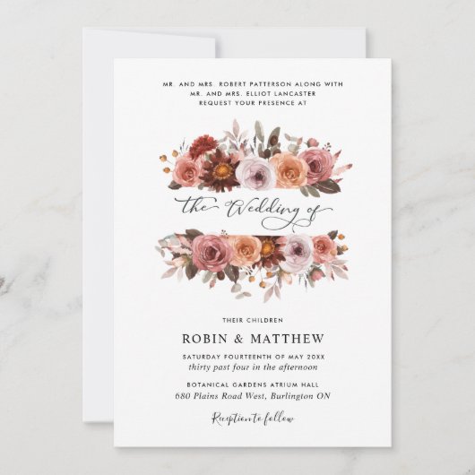 Hochzeiten mit Burgund und Blütenblüte Einladung (Vorderseite)