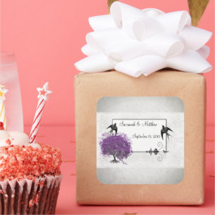 Hochzeiten mit lila Herzleder Quadratischer Aufkleber