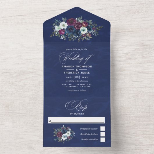 Hochzeiten von Blumen und Navy mit Blumen in einem All In One Einladung (Innen Boden)