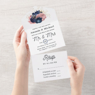 Hochzeiten von Blüten, Navy und Gold All In One Einladung