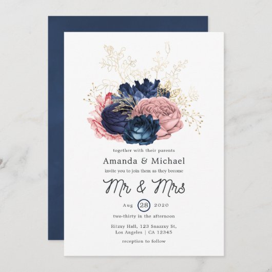 Hochzeiten von Blüten, Navy und Gold Einladung (Vorne/Hinten)