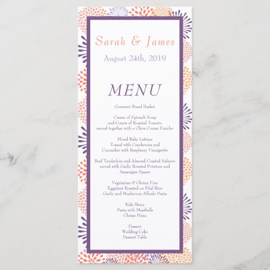 Hochzeiten von lila Blüten und Korallen Menükarte (Vorderseite)