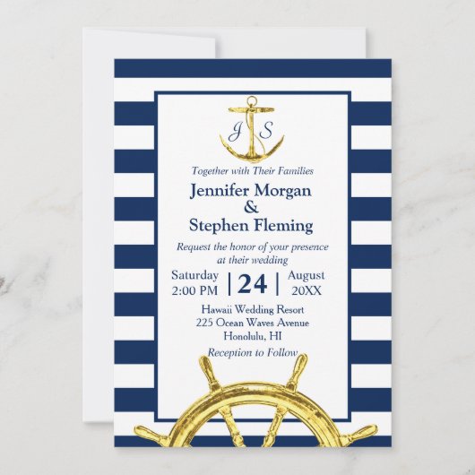 Hochzeiten von nautischem Gold und Navy Blue Strip Einladung (Vorderseite)