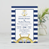 Hochzeiten von nautischem Gold und Navy Blue Strip Einladung (Stehend Vorderseite)