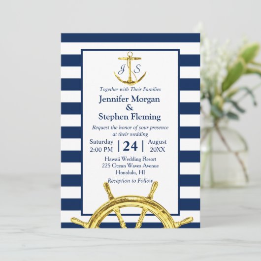 Hochzeiten von nautischem Gold und Navy Blue Strip Einladung (Stehend Vorderseite)