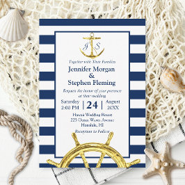 Hochzeiten von nautischem Gold und Navy Blue Strip Einladung