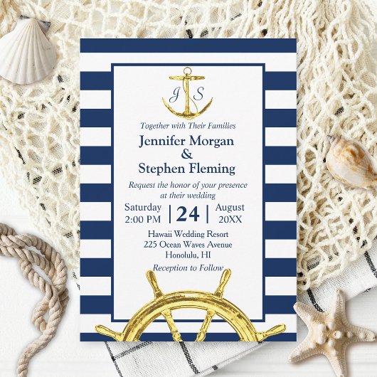 Hochzeiten von nautischem Gold und Navy Blue Strip Einladung