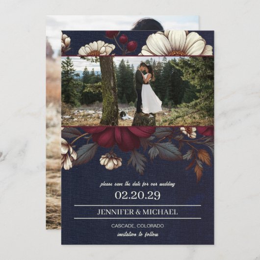 Hochzeiten von Navy Blue und Burgund Save The Date (Vorne/Hinten)