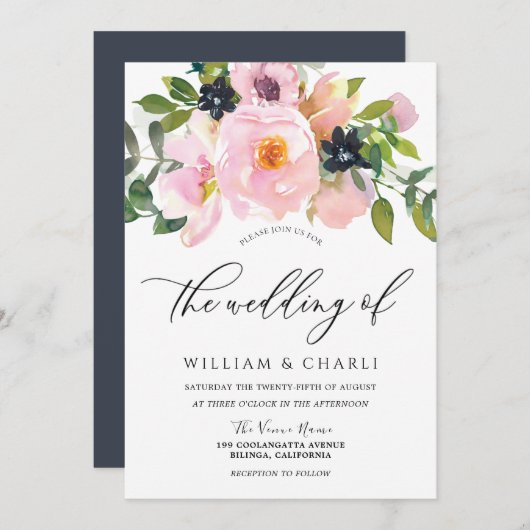 Hochzeiten von Navy & Blush-Blume Einladung (Vorne/Hinten)
