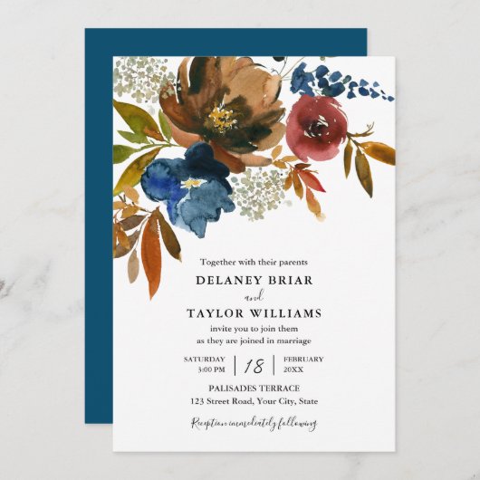 Hochzeiten von Navy- und Rostwasser-Blume Einladung (Vorne/Hinten)